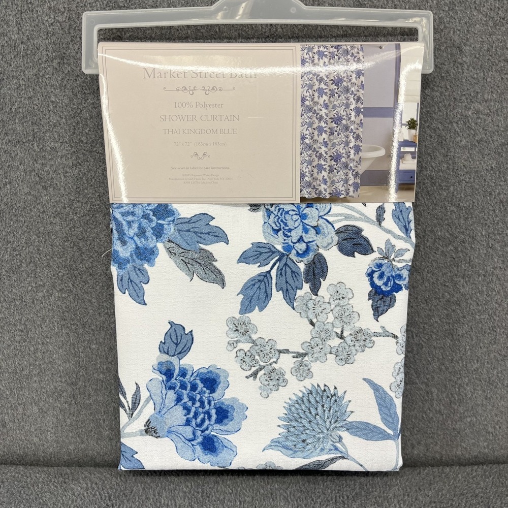 Market Street Bath Fabric Shower Curtain Floral cottage garden Thai Kingdom Blue